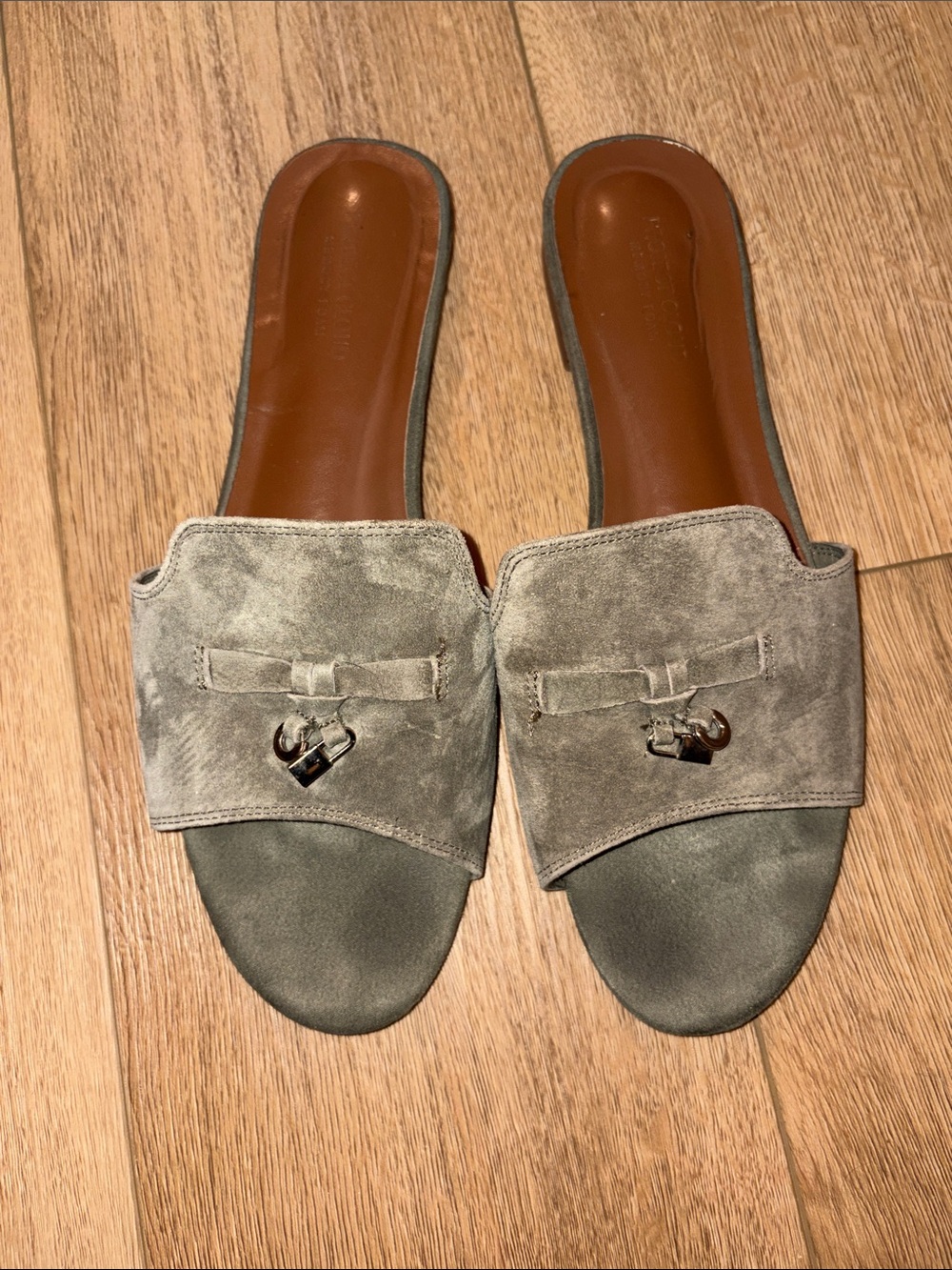 Suede Slide Sandals in Gray with Metal Accent